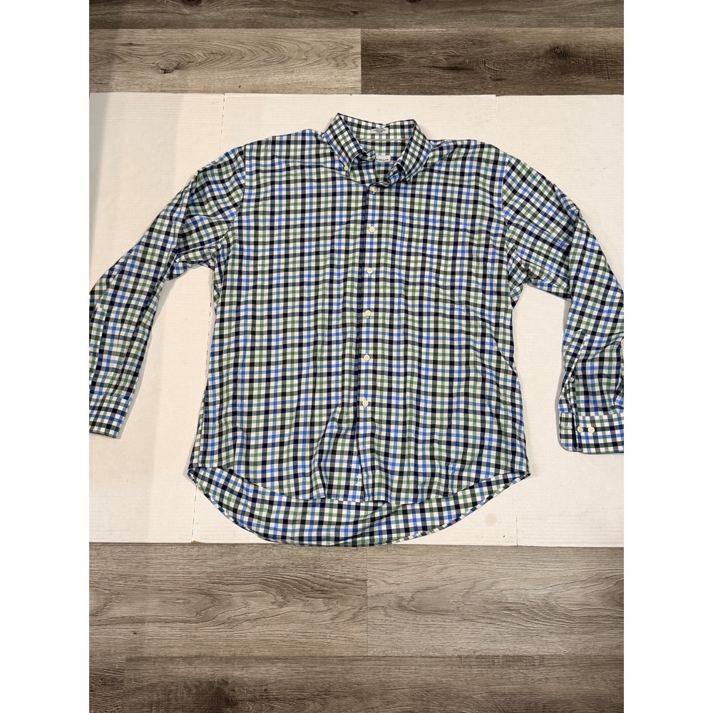 Peter Millar Mens XL Long Sleeve Button Down Shirt Green Blue Plaid Stretch XL